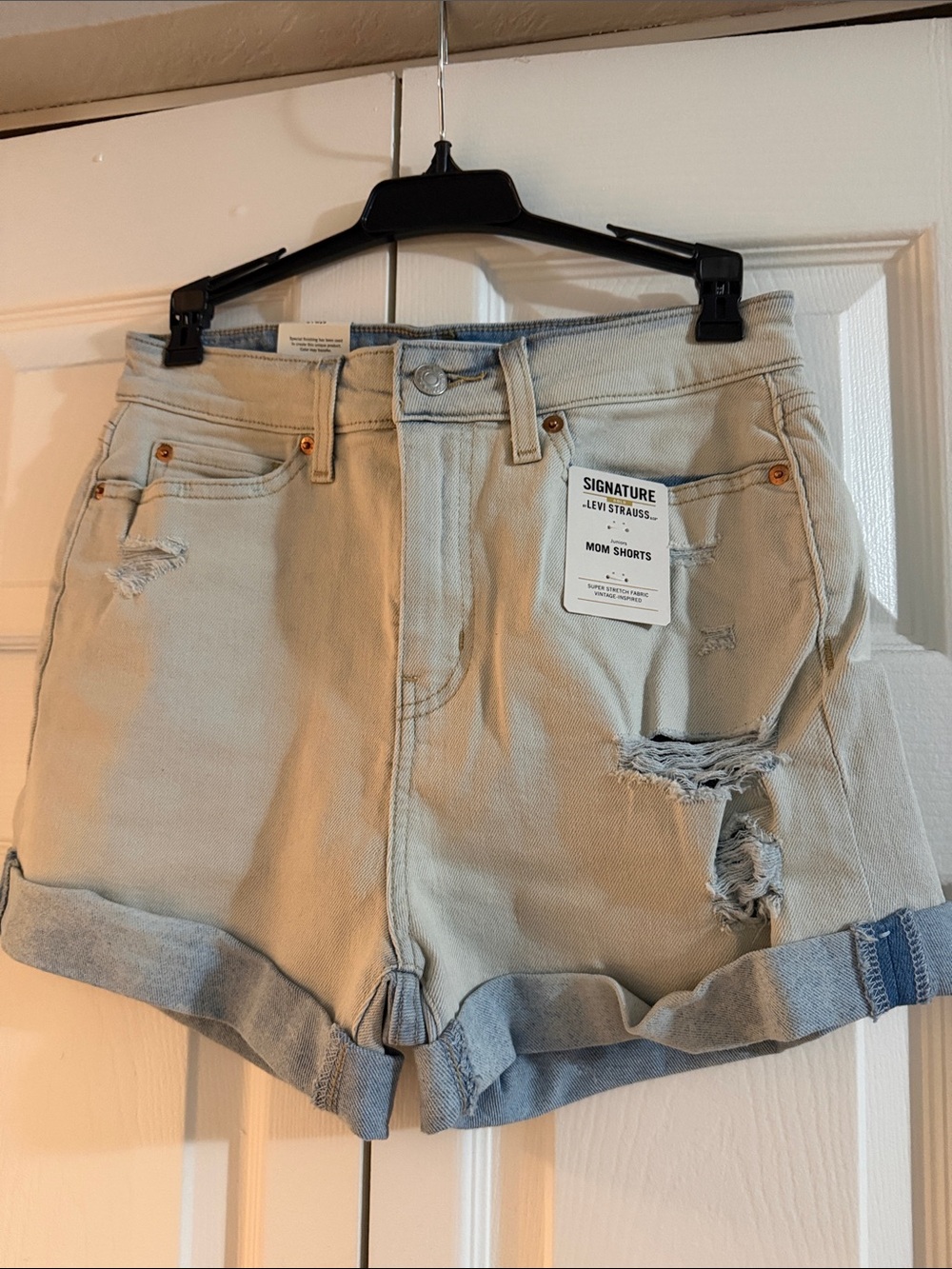 Levi's Light Beige Distressed Rolled Hem Mom Shorts